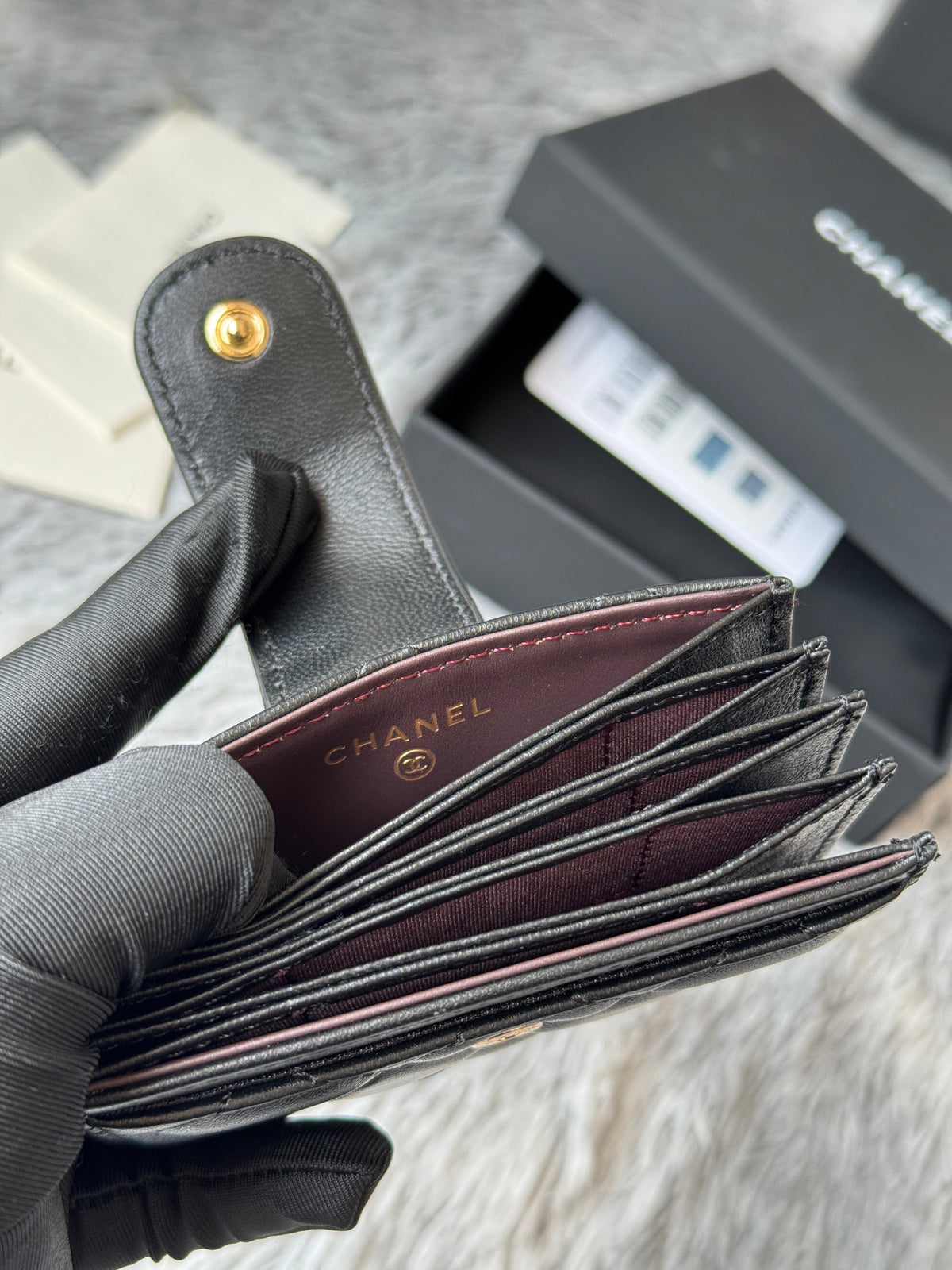 CC Accordion Card Holder Black Gold-tone Metal Lamskin 242644