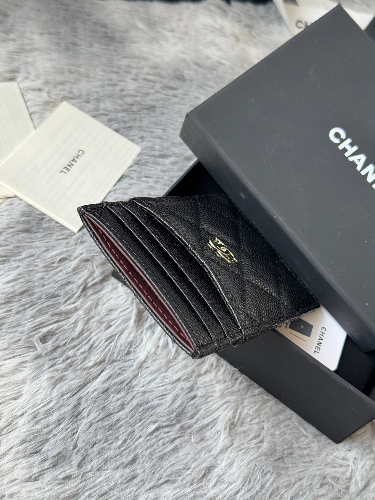 CC Carld Holder Black Golden- tone Metal Grain Calfskin 242680