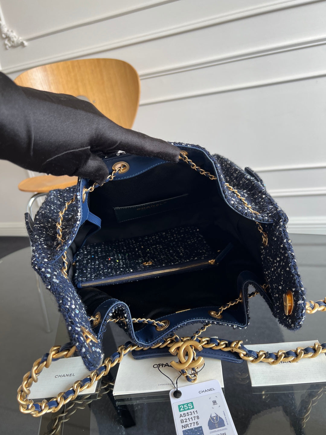 Chanel 25s Hobo Bag 40 In Navy Blue Tweed With Gold Hardware