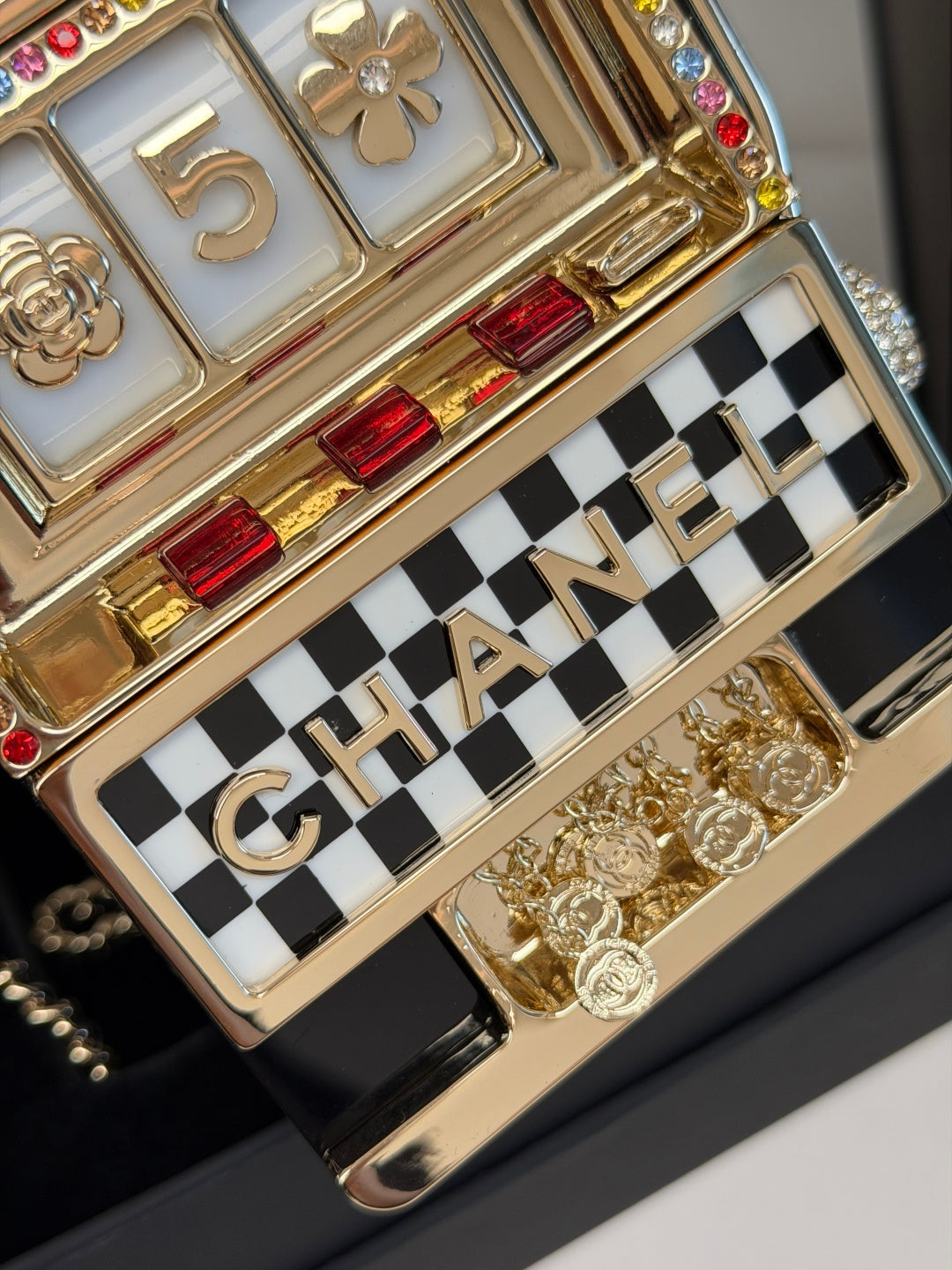 CC Resin Crystal Slot Machine Minaudiere Black Gold White Red Steel Cowhide Rhinestones