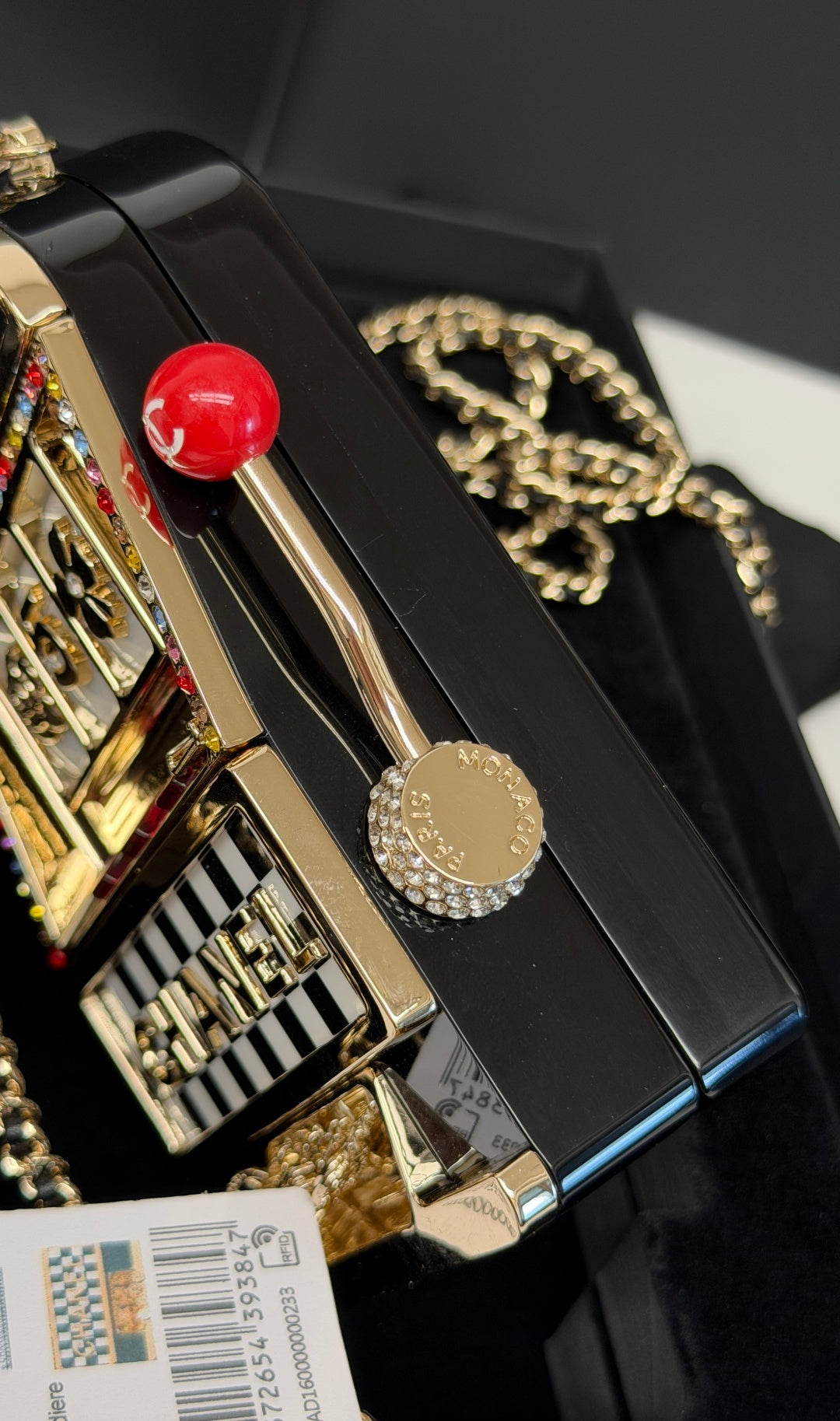 CC Resin Crystal Slot Machine Minaudiere Black Gold White Red Steel Cowhide Rhinestones