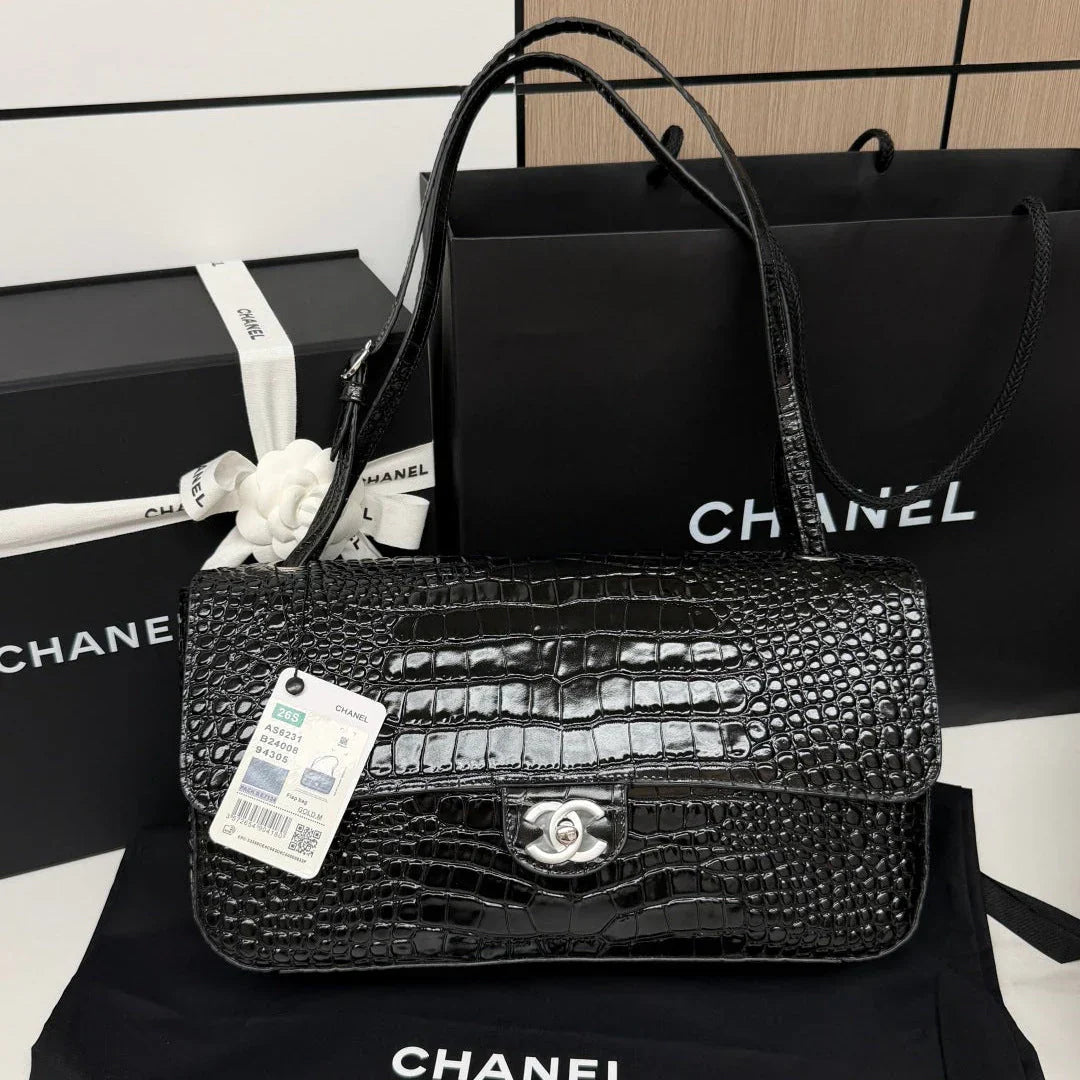 Chanel 2026 Crocodile-embossed Bag 32cm Black Leather Silver Hardware