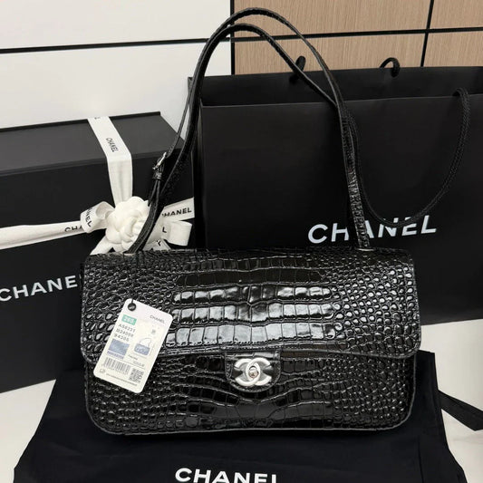 Chanel 2026 Crocodile-embossed Bag 32cm Black Leather Silver Hardware