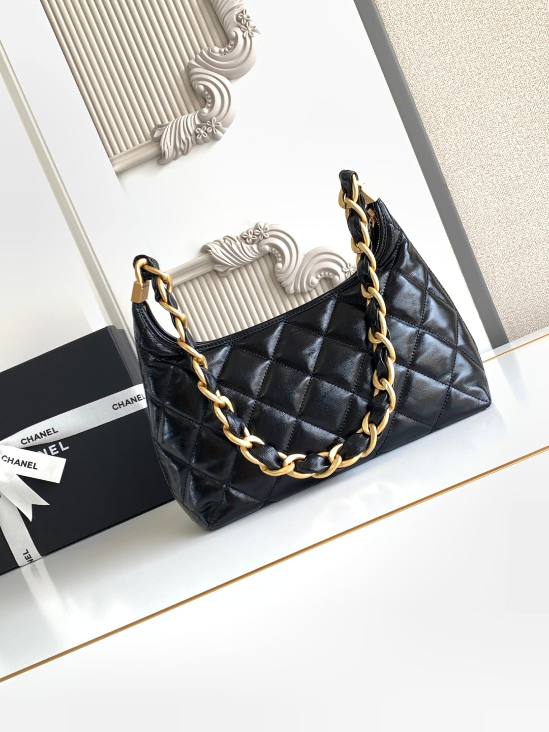 CC Hobo Bag With Chain 35cm Black Lambskin 277765 GHW
