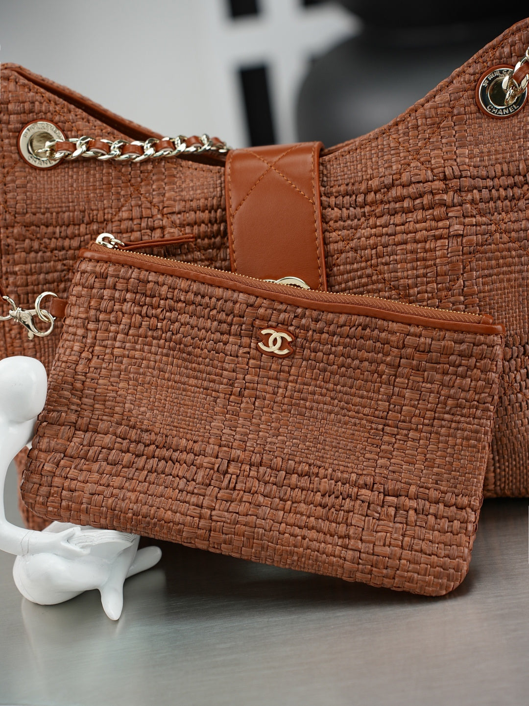 CC Shopping Bag 32cm Chocolate Braided Raffia
