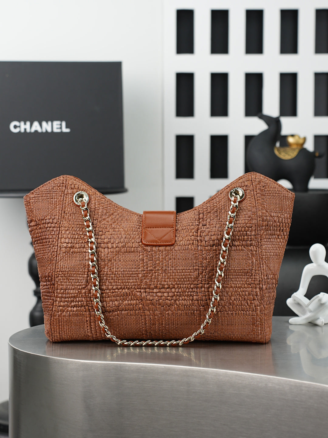 CC Shopping Bag 32cm Chocolate Braided Raffia