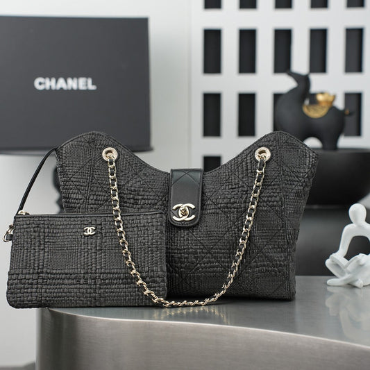 CC Shopping Bag 32cm Black Braided Raffia