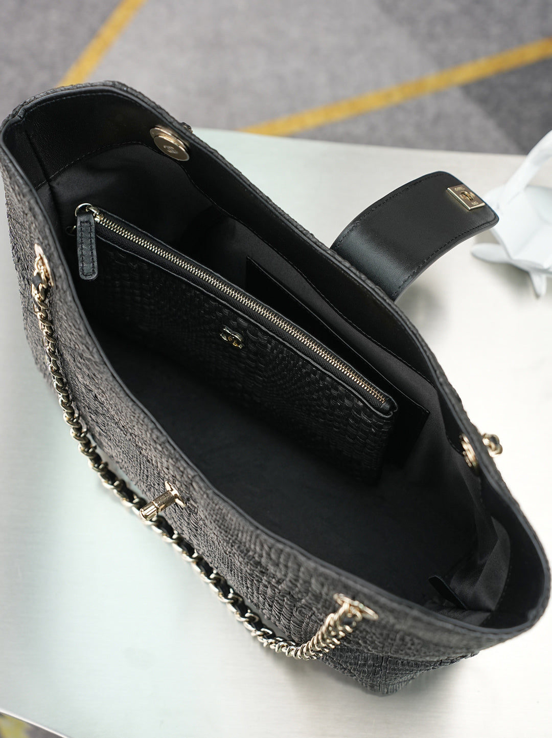 CC Shopping Bag 32cm Black Braided Raffia