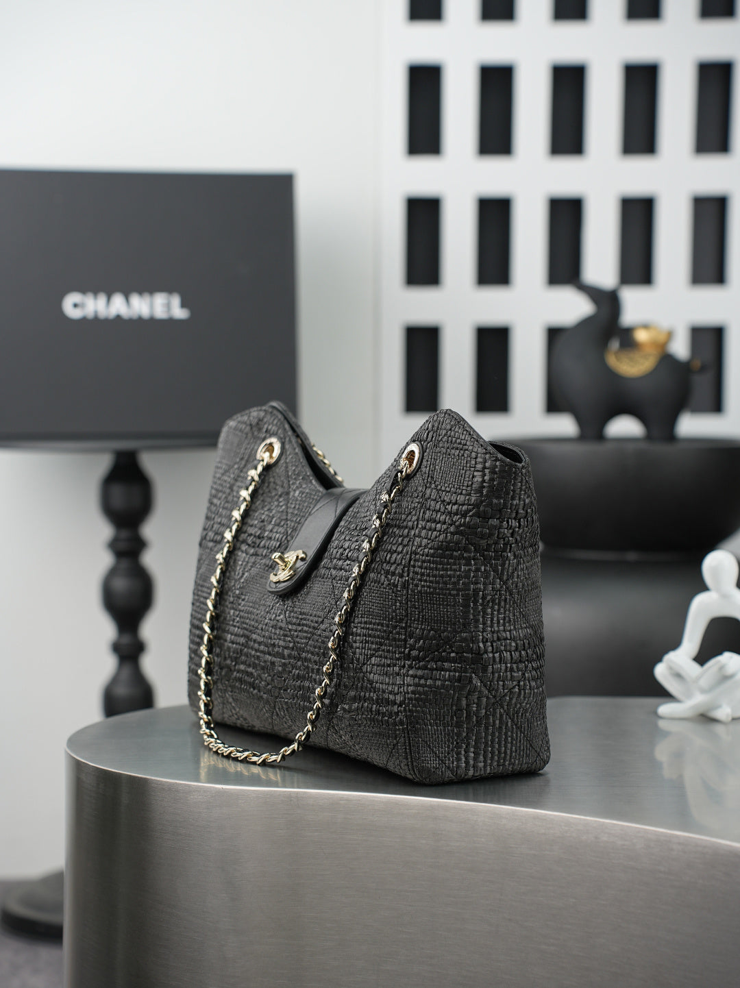CC Shopping Bag 32cm Black Braided Raffia