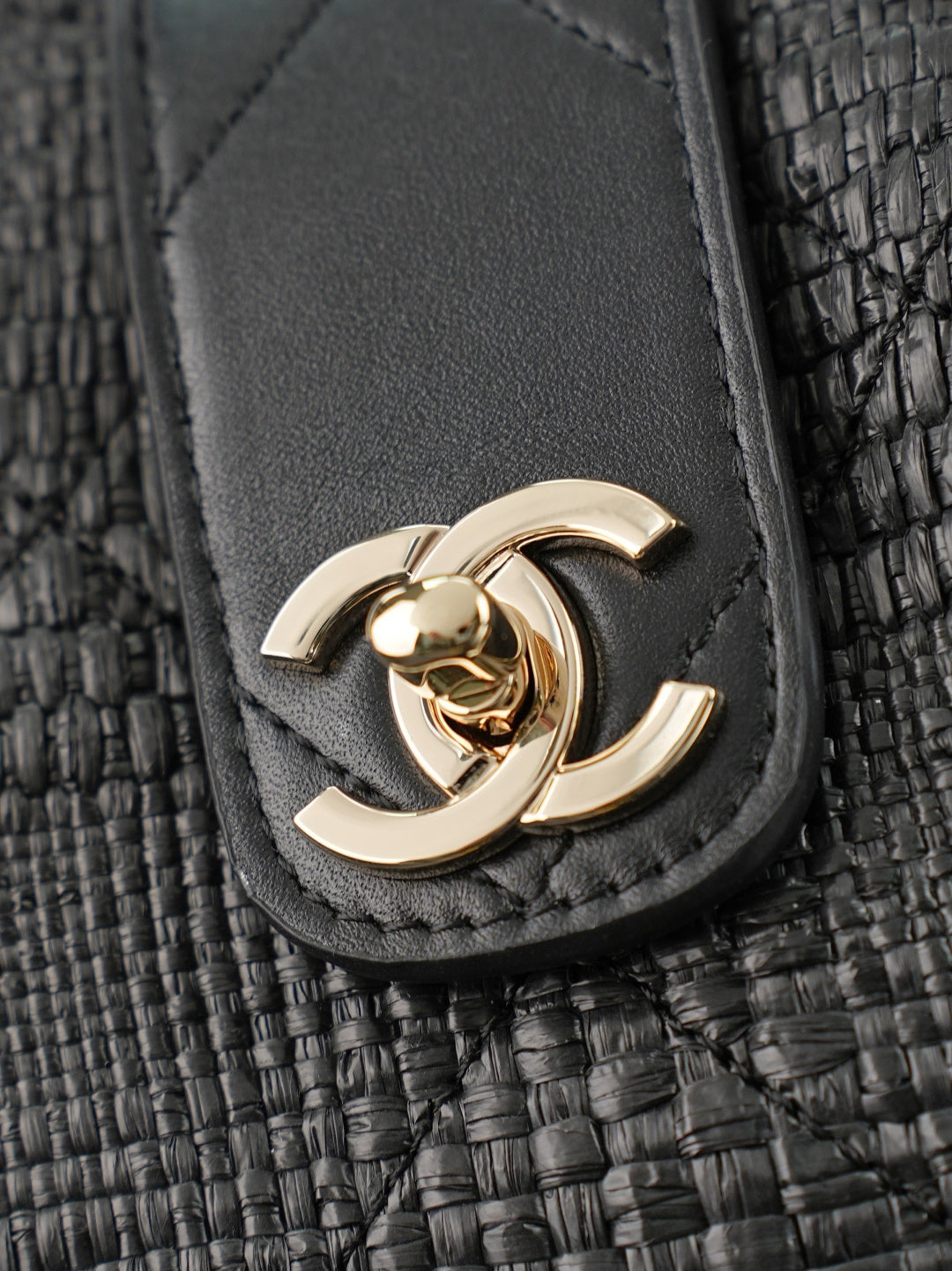 CC Shopping Bag 32cm Black Braided Raffia