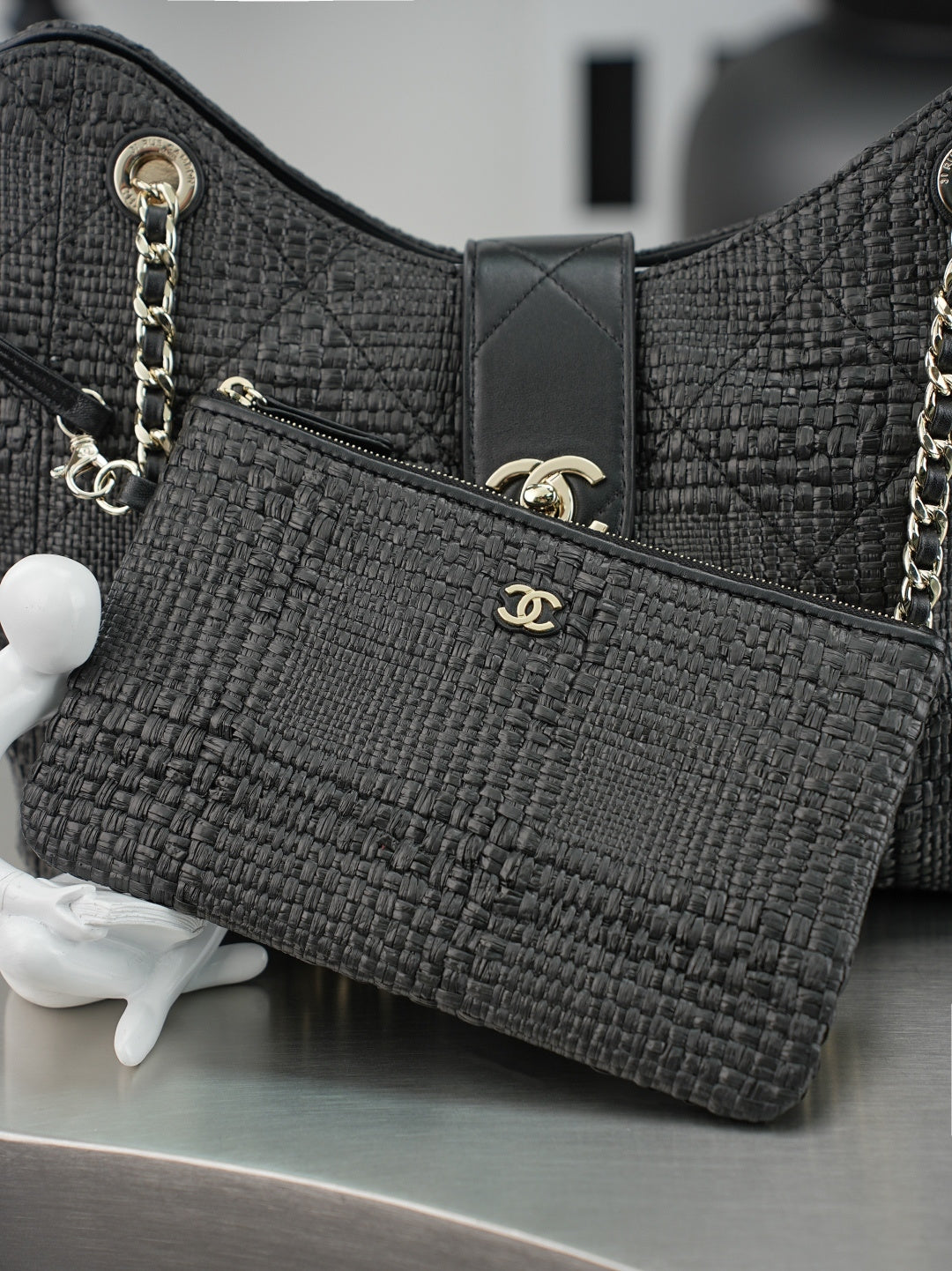 CC Shopping Bag 32cm Black Braided Raffia