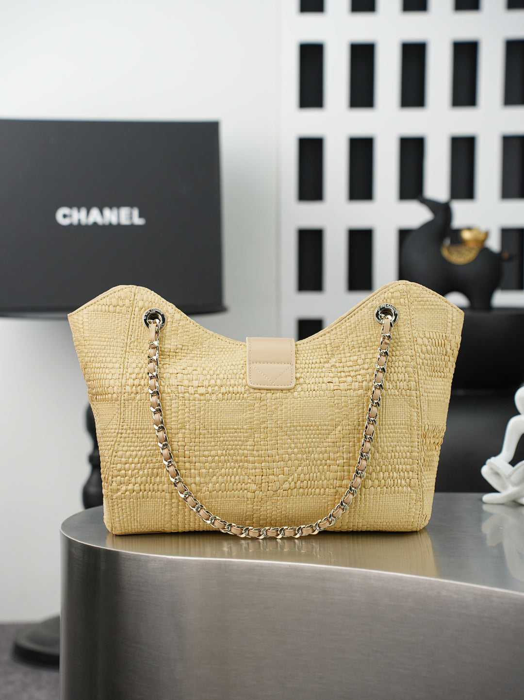 CC Shopping Bag 32cm Beige Braided Raffia