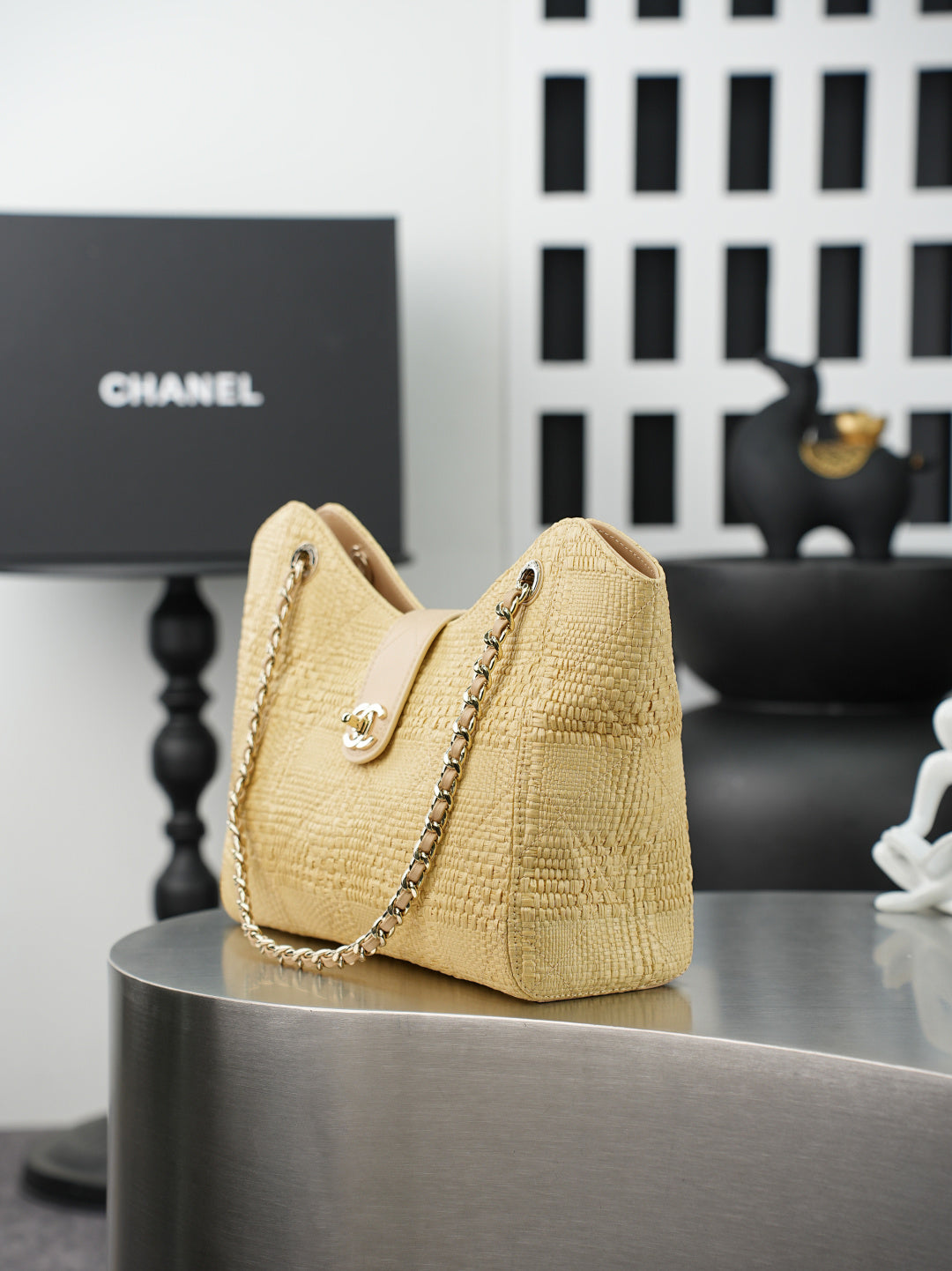 CC Shopping Bag 32cm Beige Braided Raffia