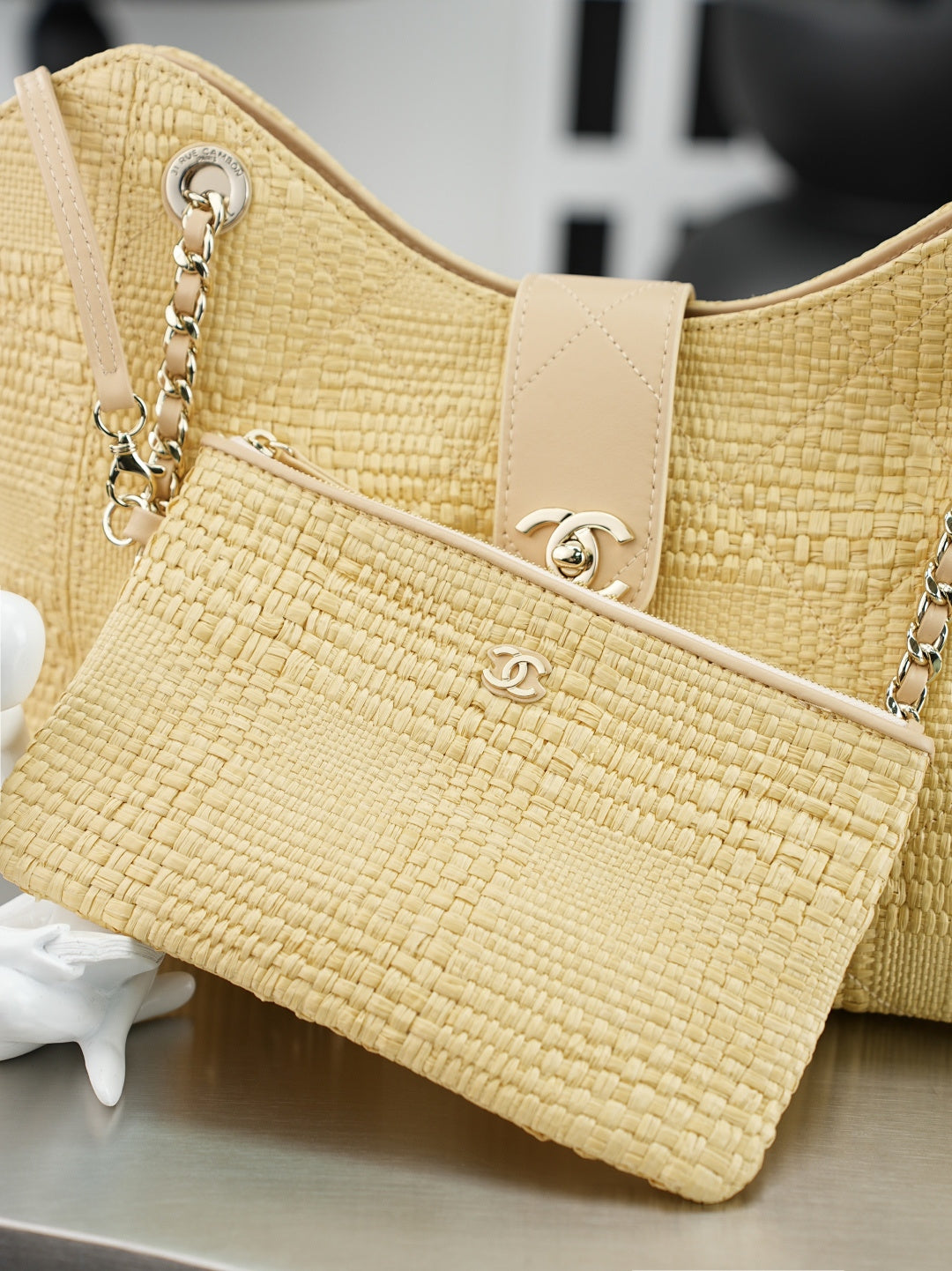 CC Shopping Bag 32cm Beige Braided Raffia