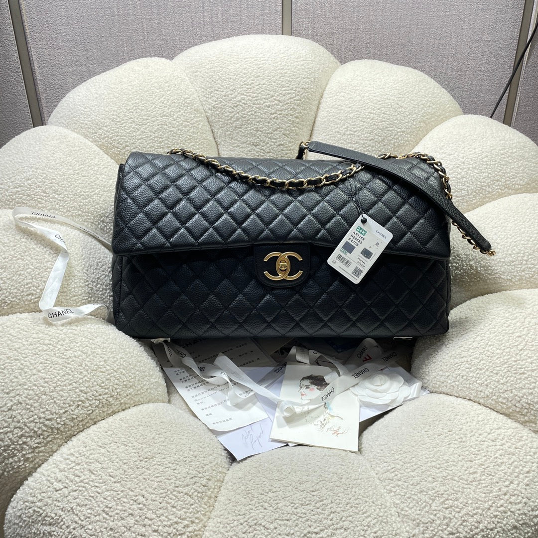 Chanel 26s Flap Bag 46 In Black Caviar Calfskin With Gold Hardware