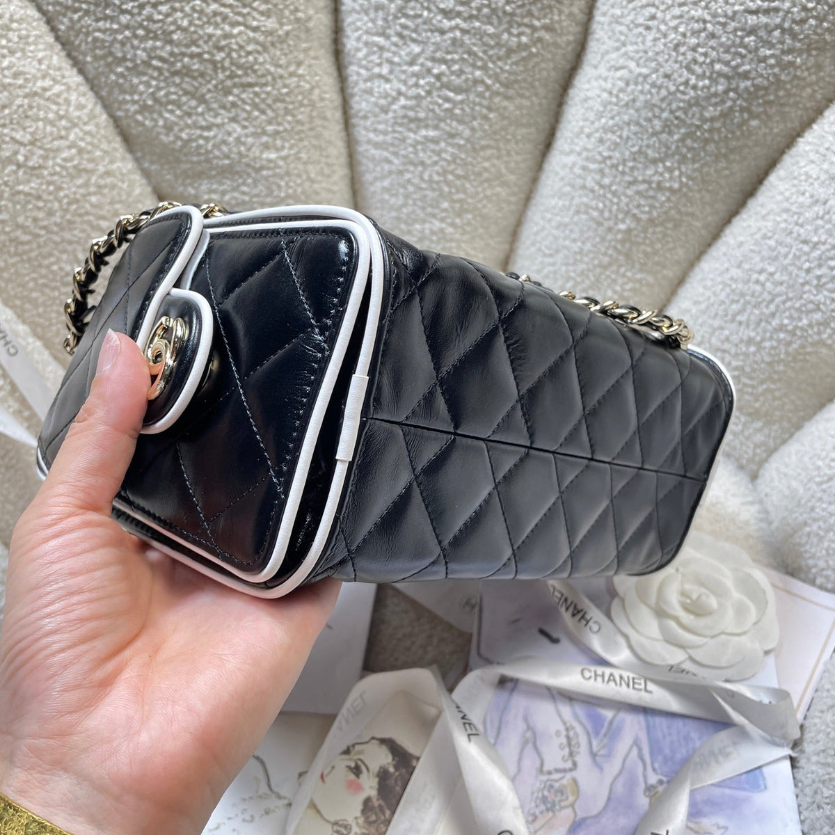 CC 25 Mini Handbag 22cm Black White Quited Lamnskin