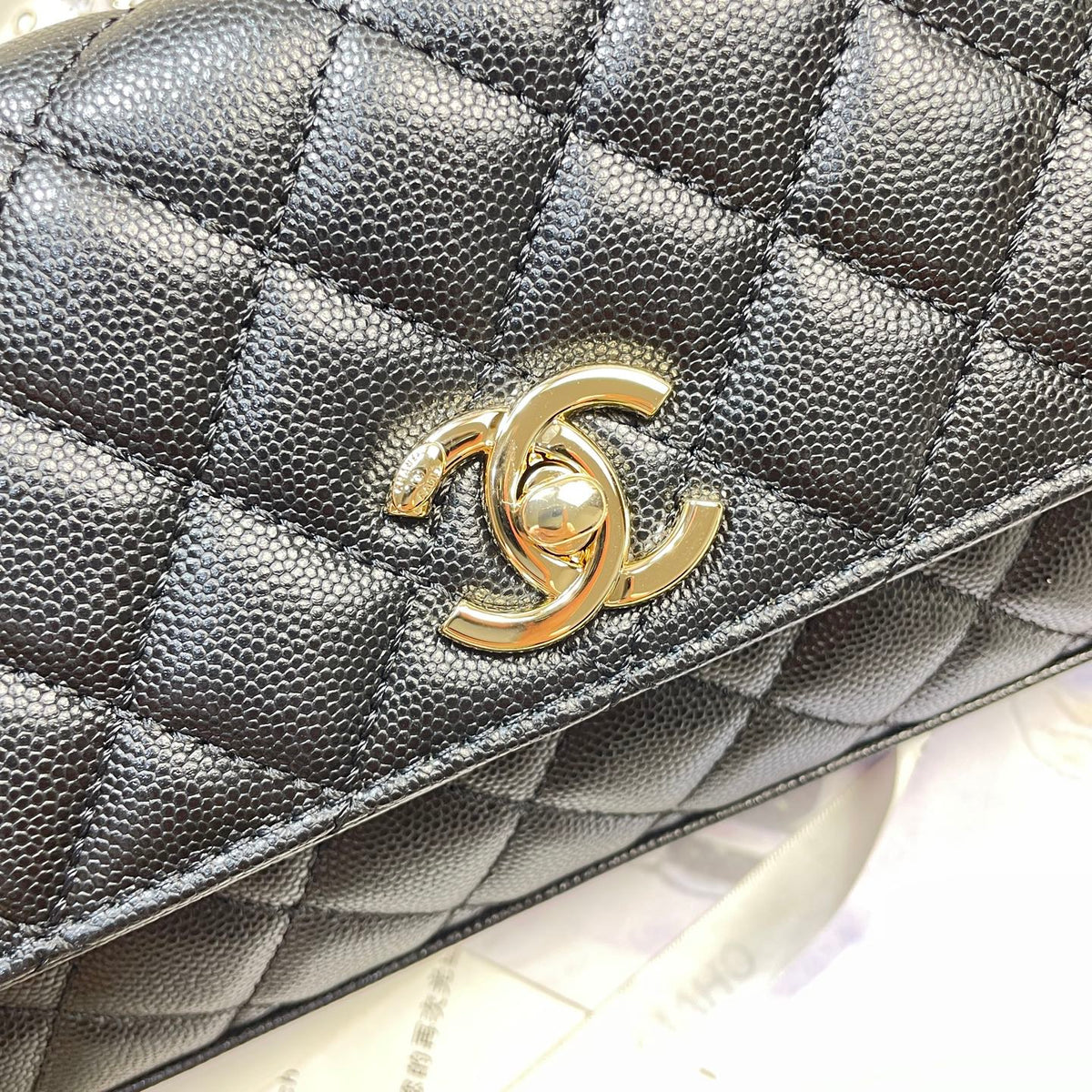 CC Maxi Flap Bag with Top Handle 31.5cm Black Quited Caviar Leather