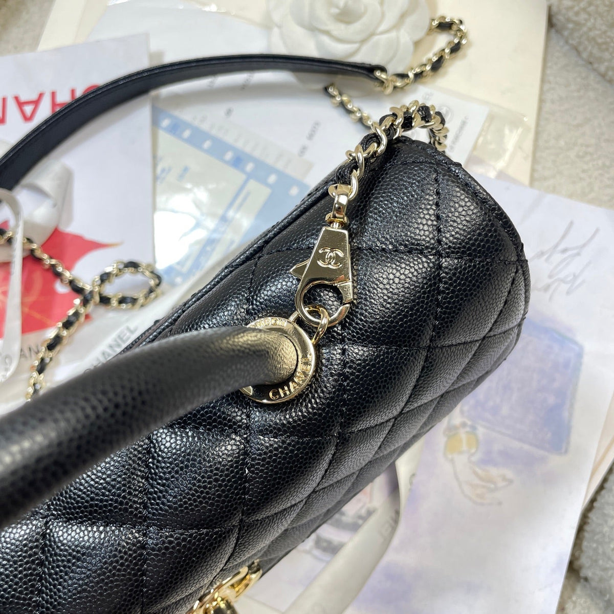 CC Maxi Flap Bag with Top Handle 31.5cm Black Quited Caviar Leather
