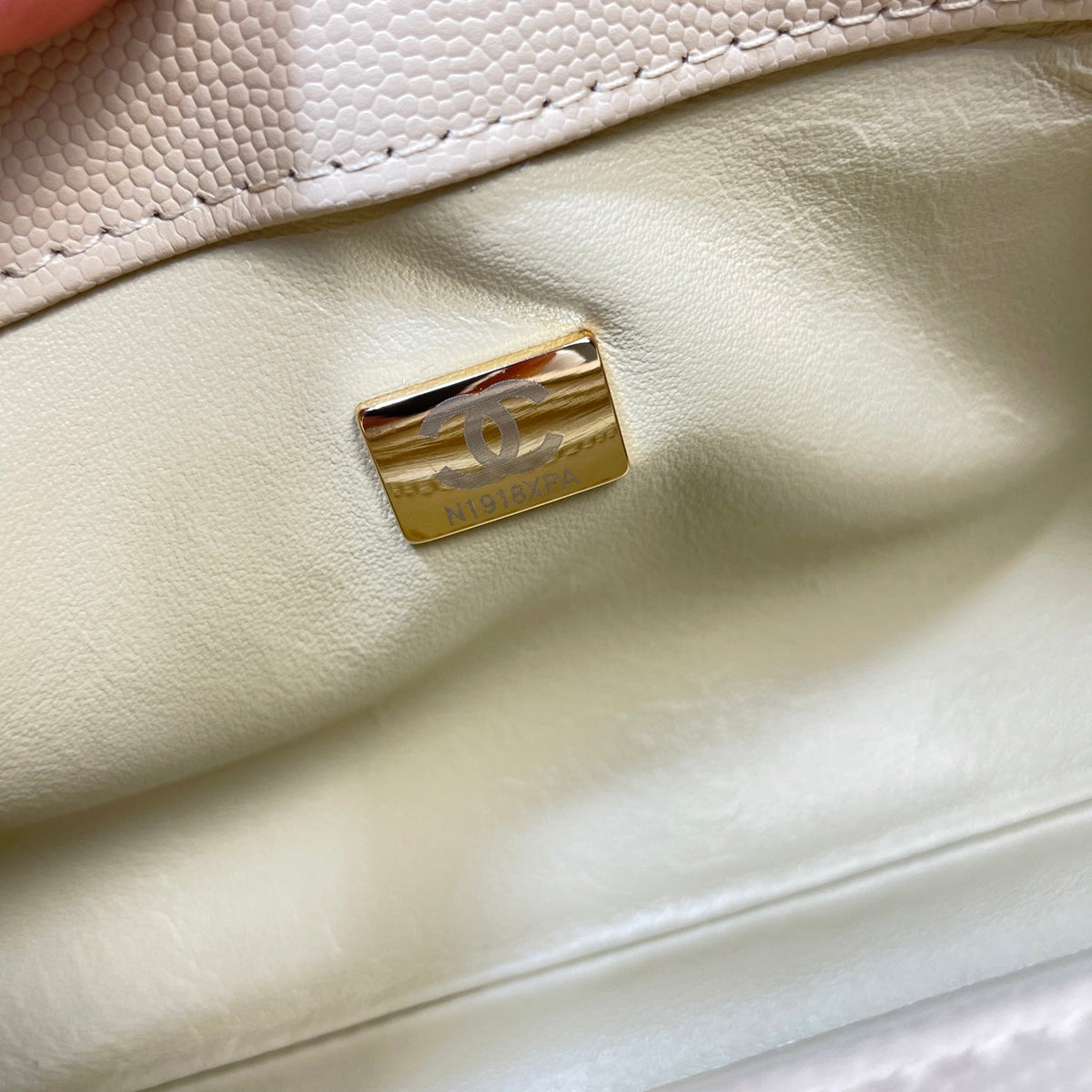 CC Maxi Flap Bag with Top Handle 31.5cm Light Beige Quited Caviar Leather