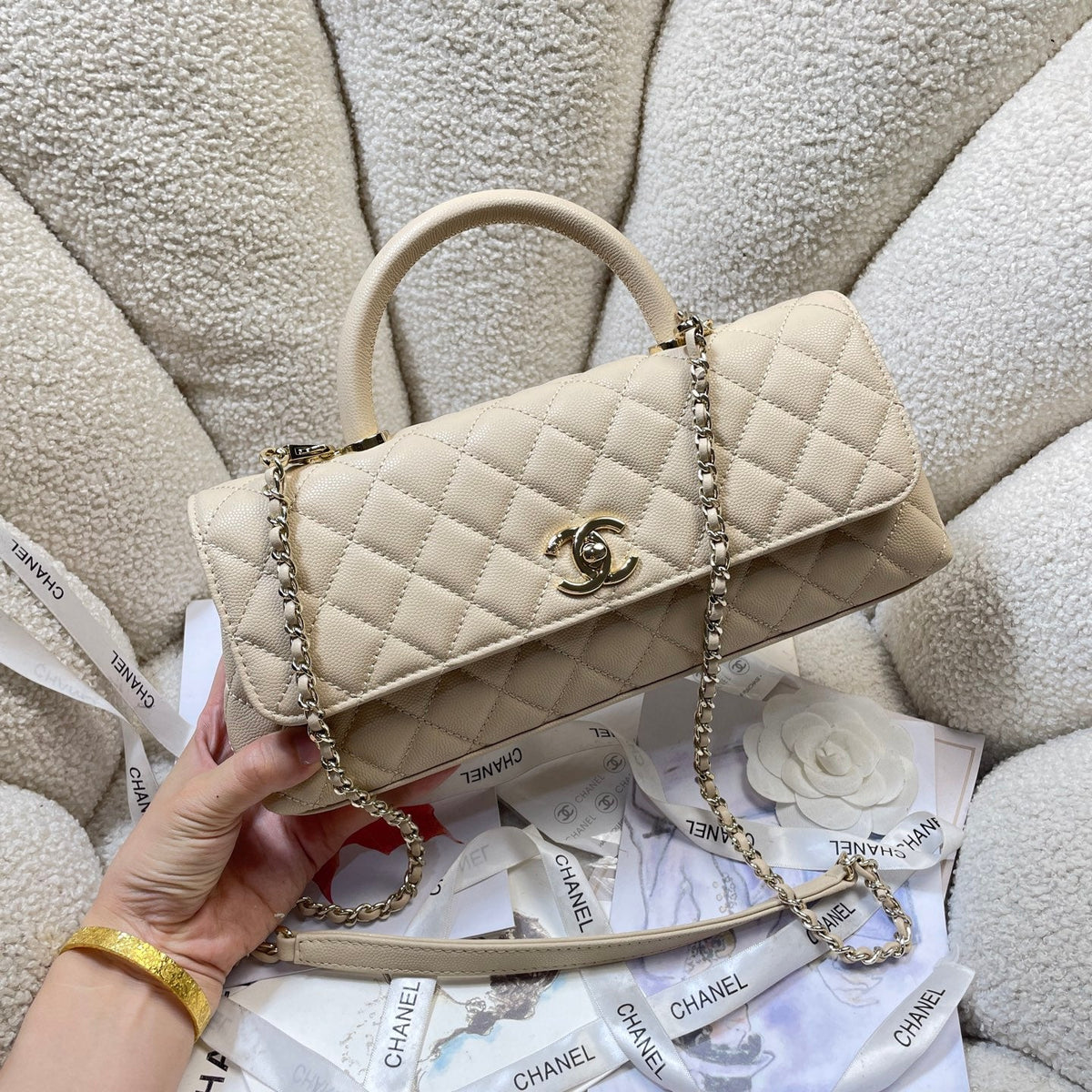 CC Maxi Flap Bag with Top Handle 31.5cm Light Beige Quited Caviar Leather