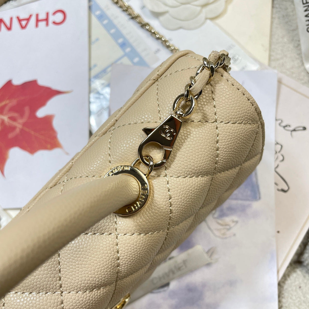 CC Maxi Flap Bag with Top Handle 31.5cm Light Beige Quited Caviar Leather