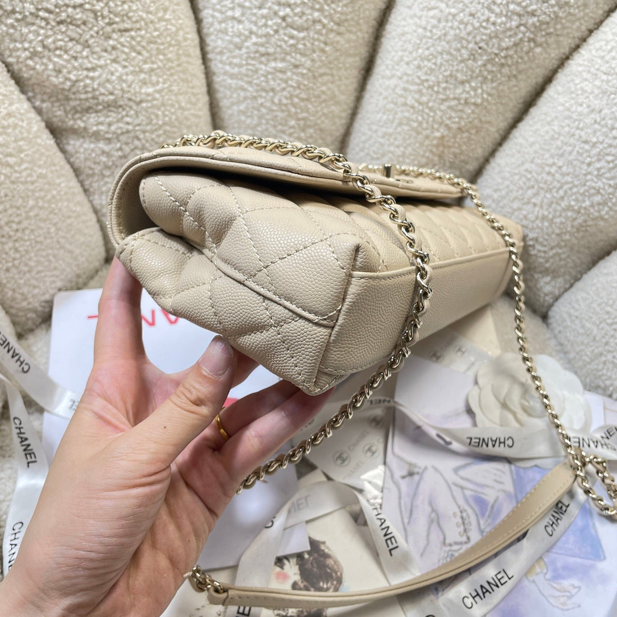 CC Maxi Flap Bag with Top Handle 31.5cm Light Beige Quited Caviar Leather
