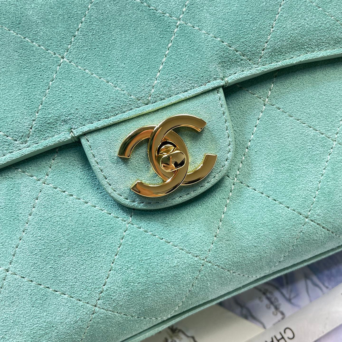 CC Shopping Tote Bag 33cm Seafoam Green Quilted Suede