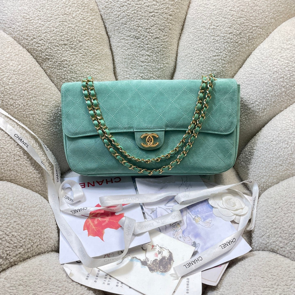 CC Shopping Tote Bag 33cm Seafoam Green Quilted Suede