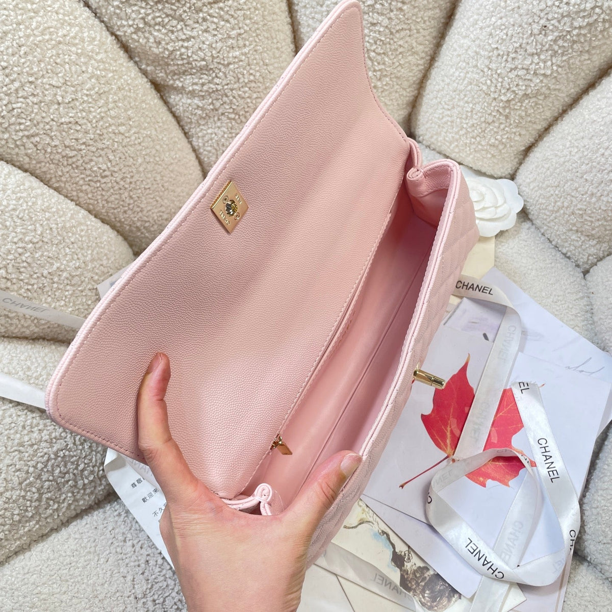 CC Maxi Flap Bag with Top Handle 31.5cm Light Pink Quited Caviar Leather