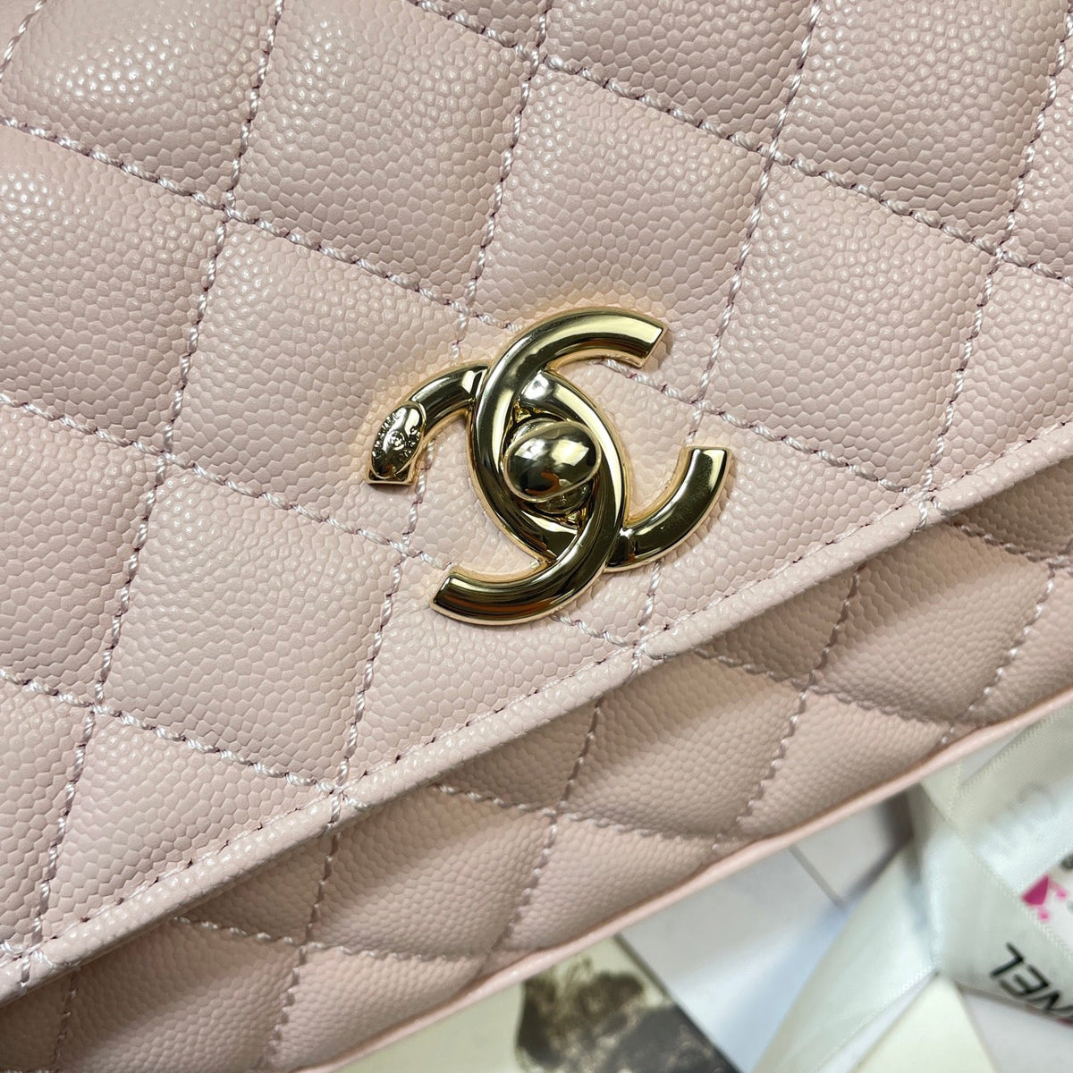 CC Maxi Flap Bag with Top Handle 31.5cm Light Pink Quited Caviar Leather