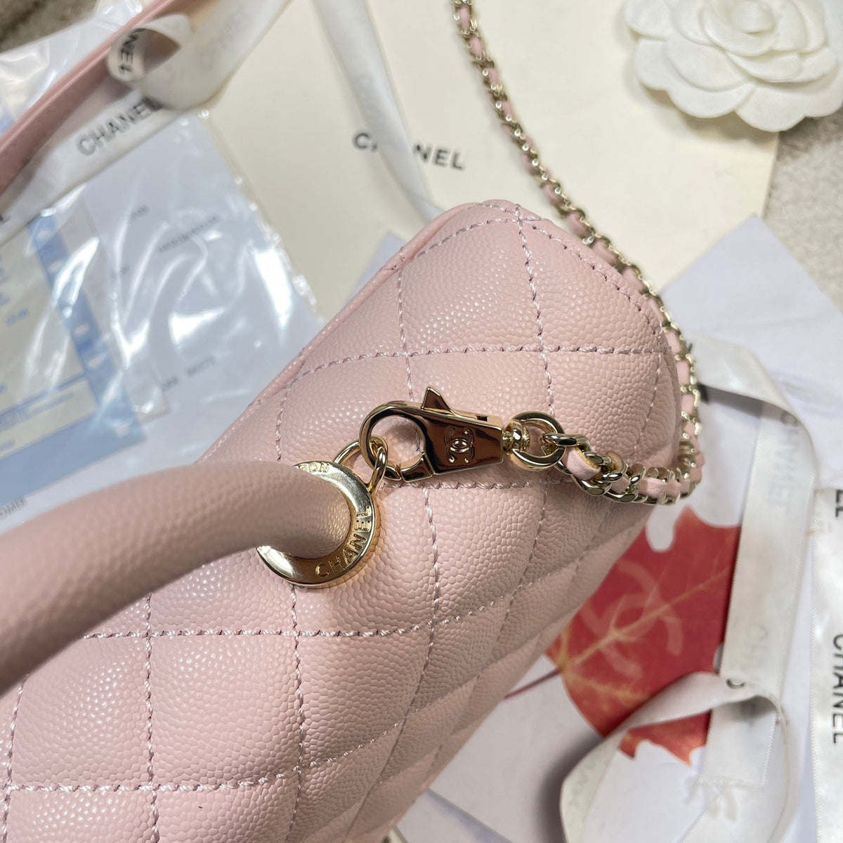CC Maxi Flap Bag with Top Handle 31.5cm Light Pink Quited Caviar Leather