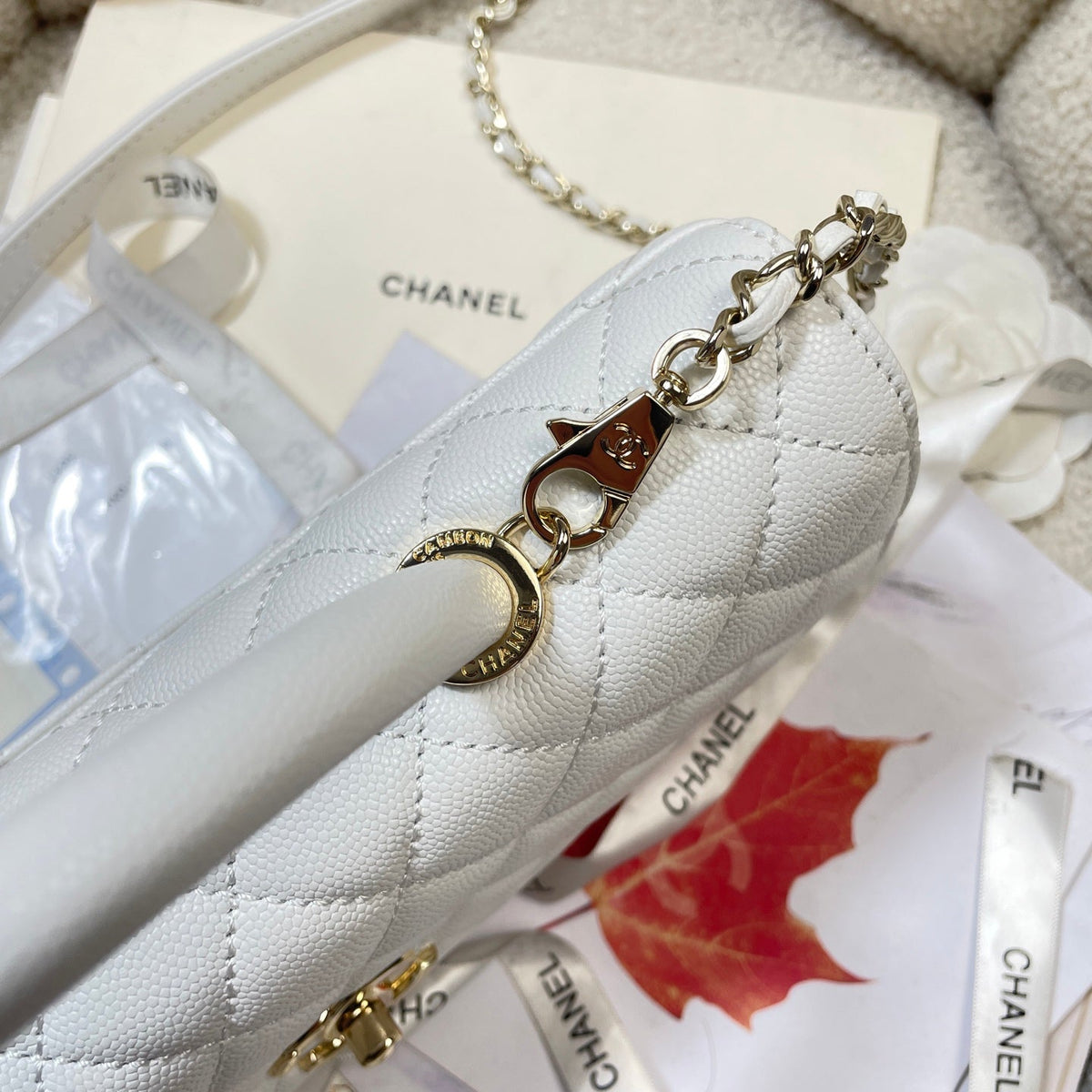 CC Maxi Flap Bag with Top Handle 31.5cm White Quited Caviar Leather