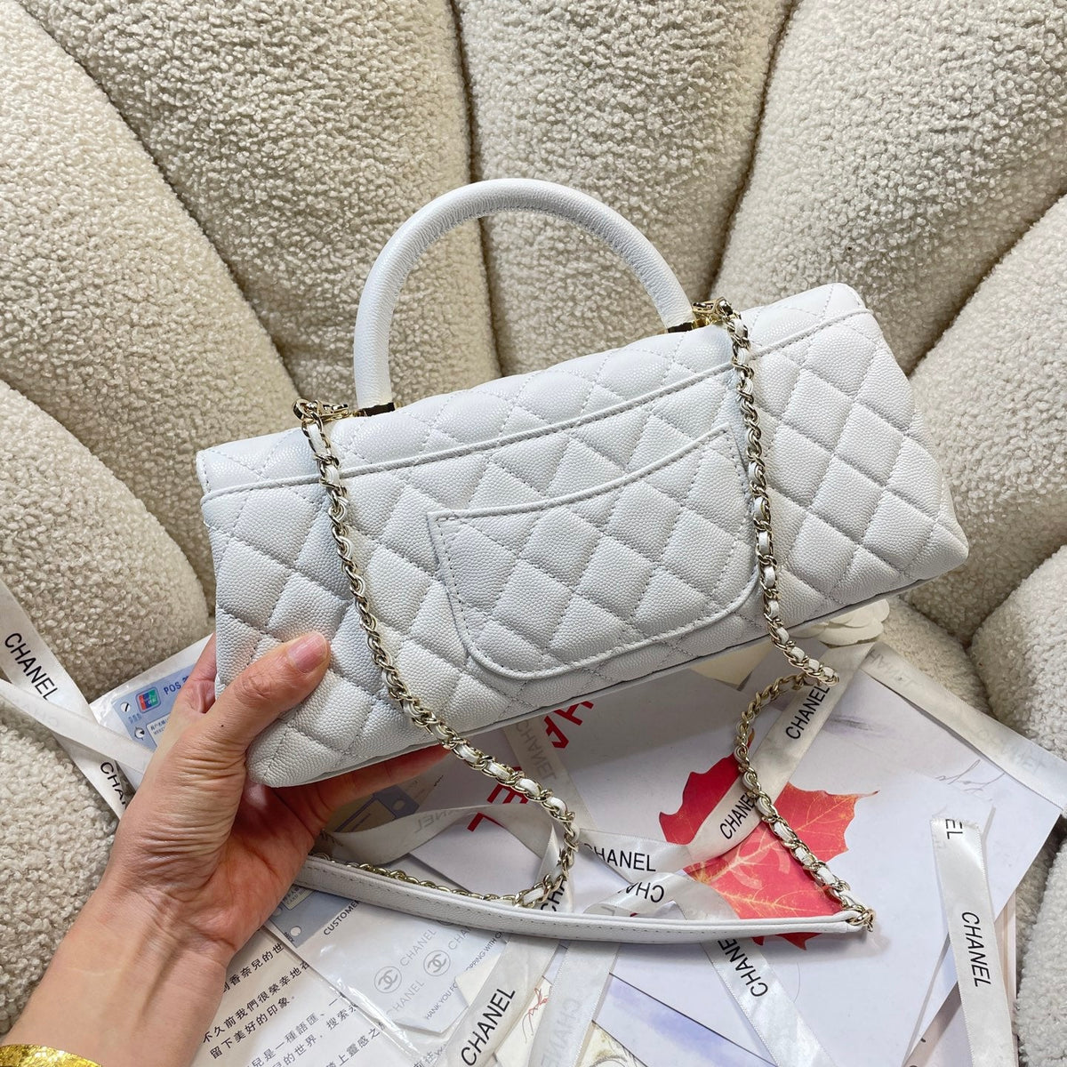 CC Maxi Flap Bag with Top Handle 31.5cm White Quited Caviar Leather