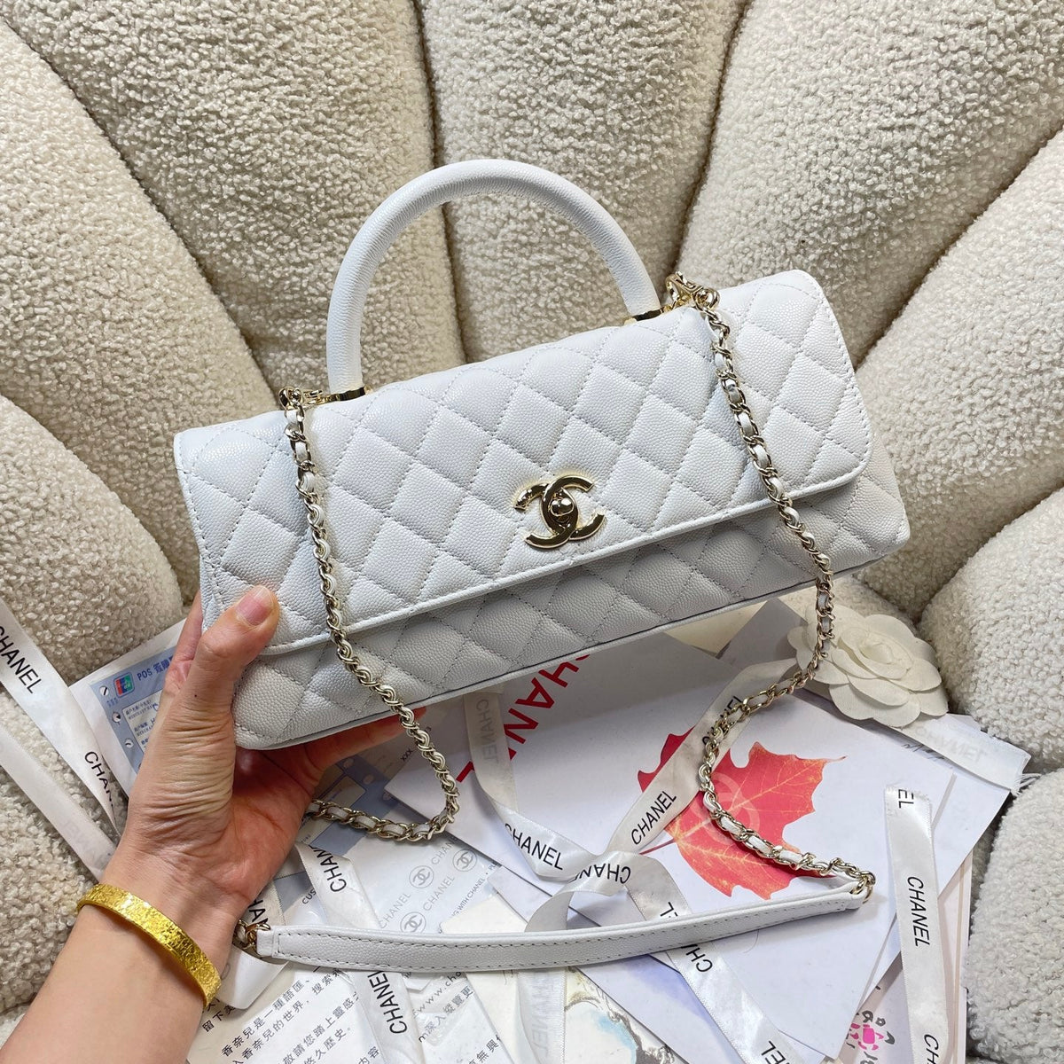 CC Maxi Flap Bag with Top Handle 31.5cm White Quited Caviar Leather