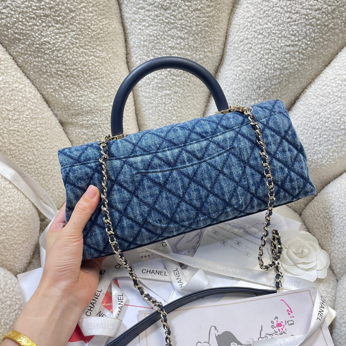 CC Maxi Flap Bag with Top Handle 31.5cm Blue Denim