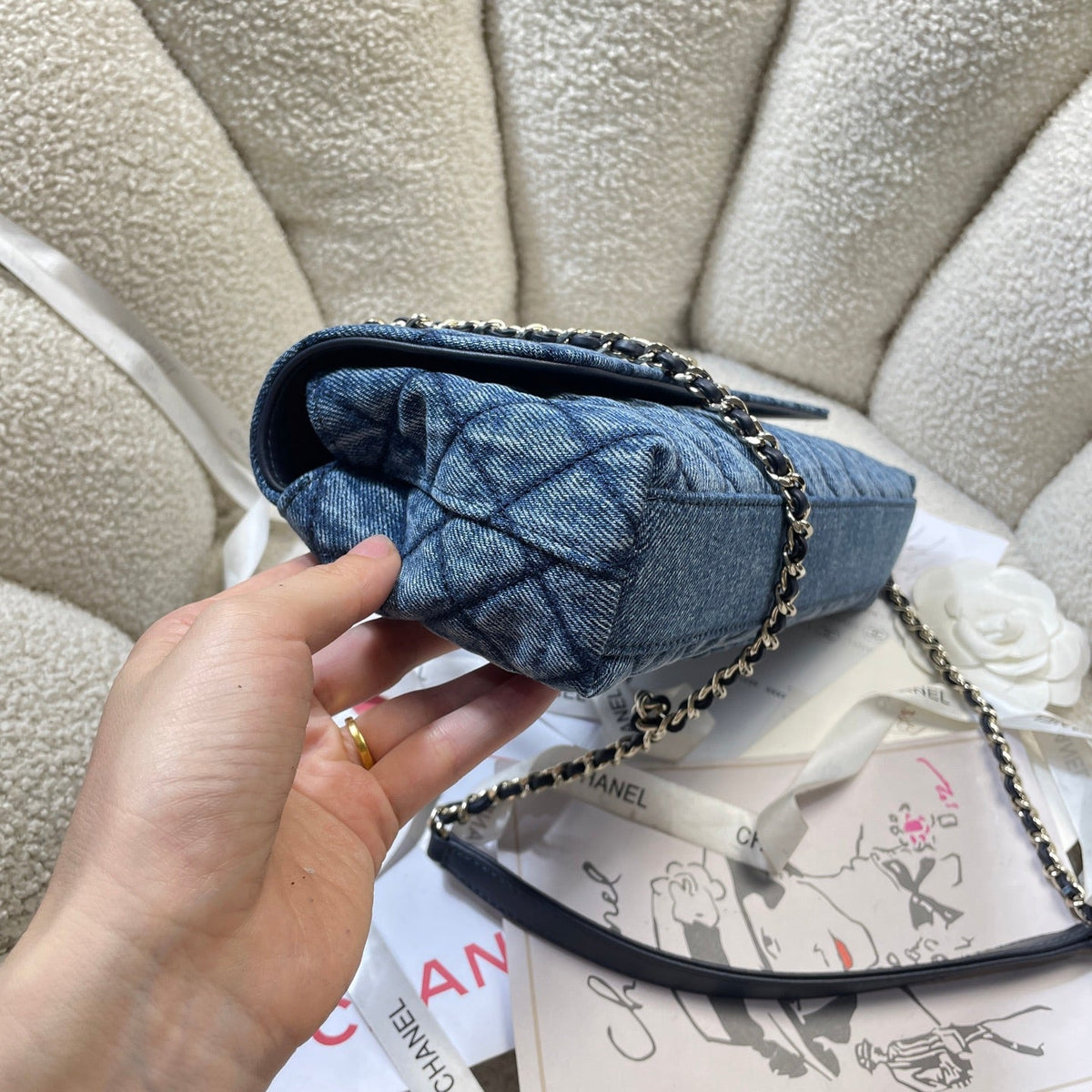 CC Maxi Flap Bag with Top Handle 31.5cm Blue Denim