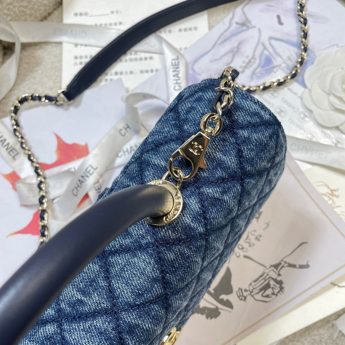 CC Maxi Flap Bag with Top Handle 31.5cm Blue Denim