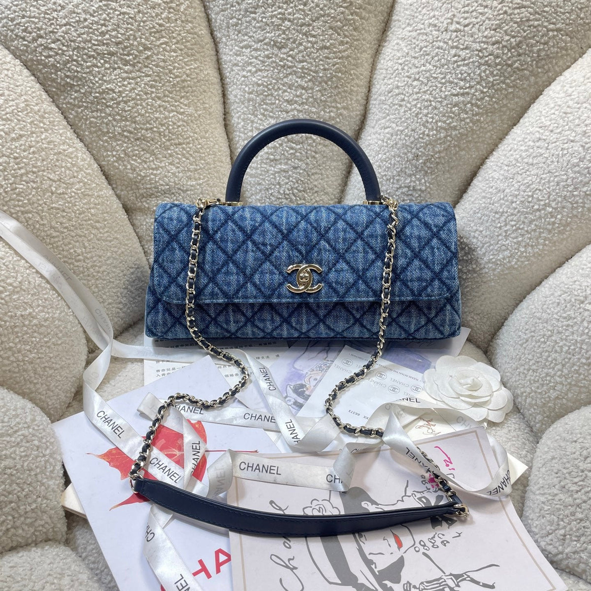 CC Maxi Flap Bag with Top Handle 31.5cm Blue Denim
