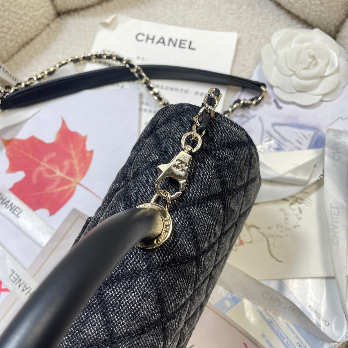 CC Maxi Flap Bag with Top Handle 31.5cm Black Denim