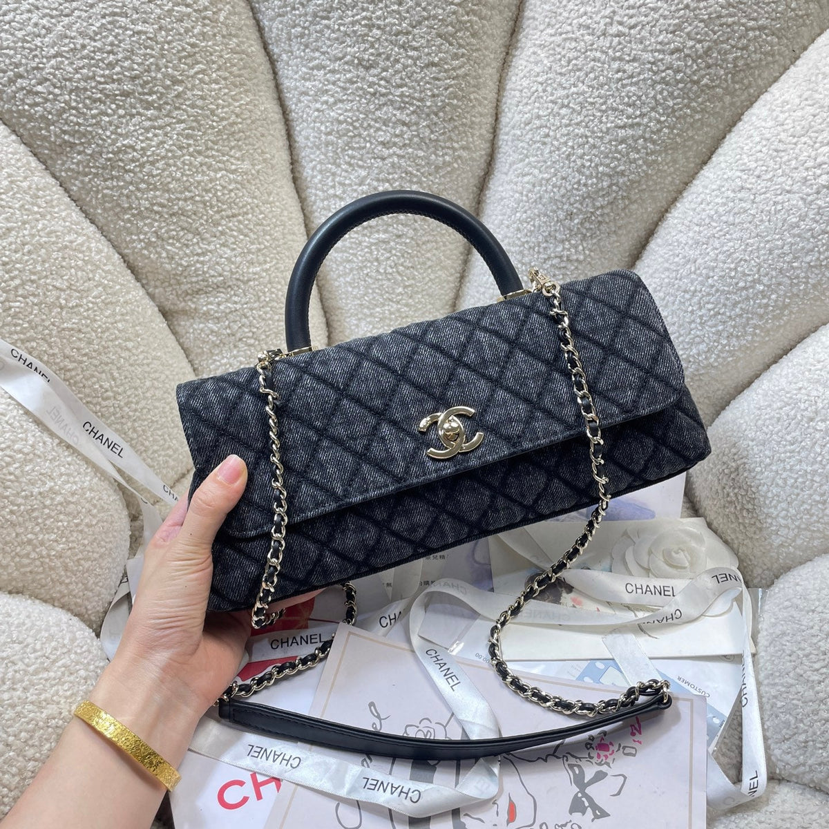 CC Maxi Flap Bag with Top Handle 31.5cm Black Denim