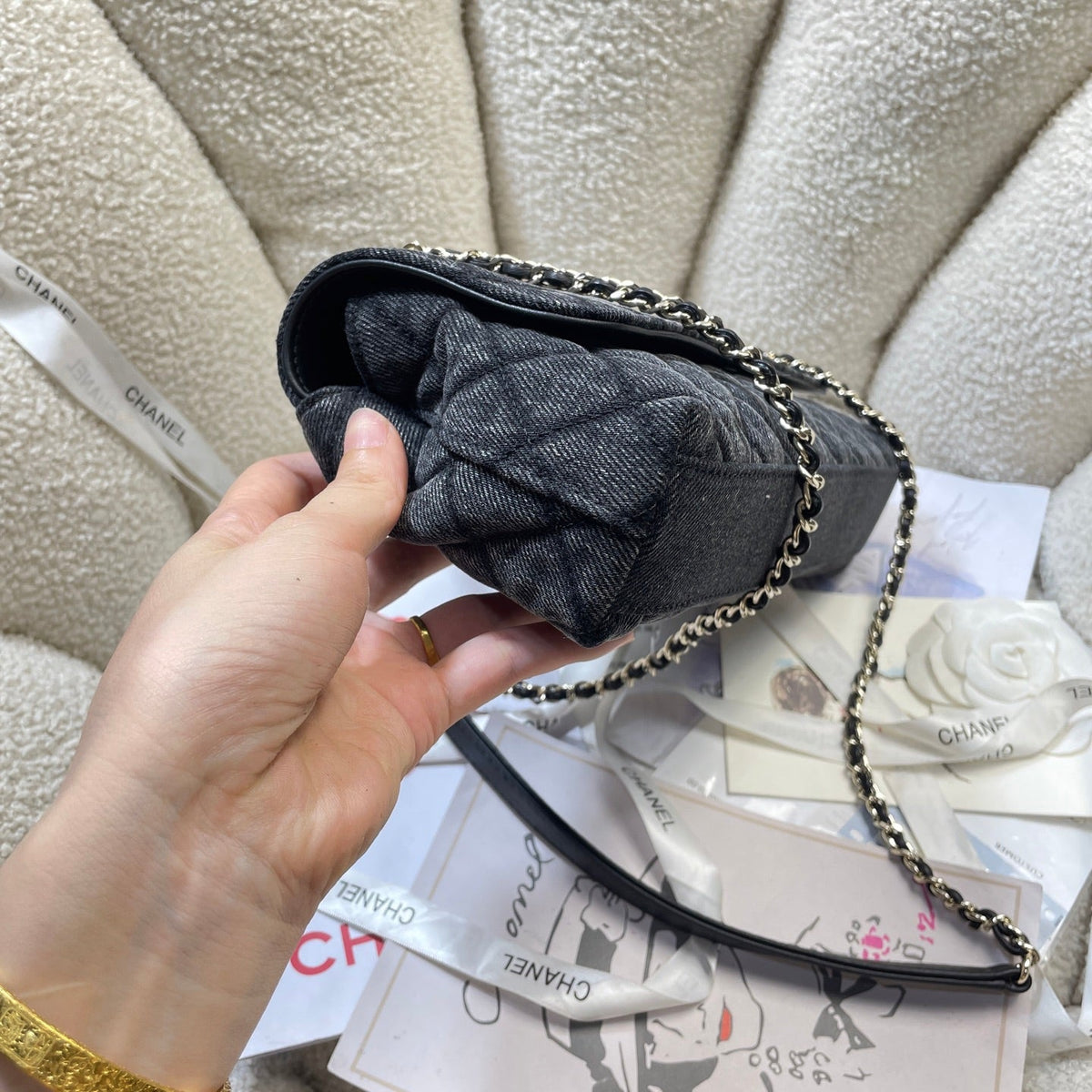 CC Maxi Flap Bag with Top Handle 31.5cm Black Denim