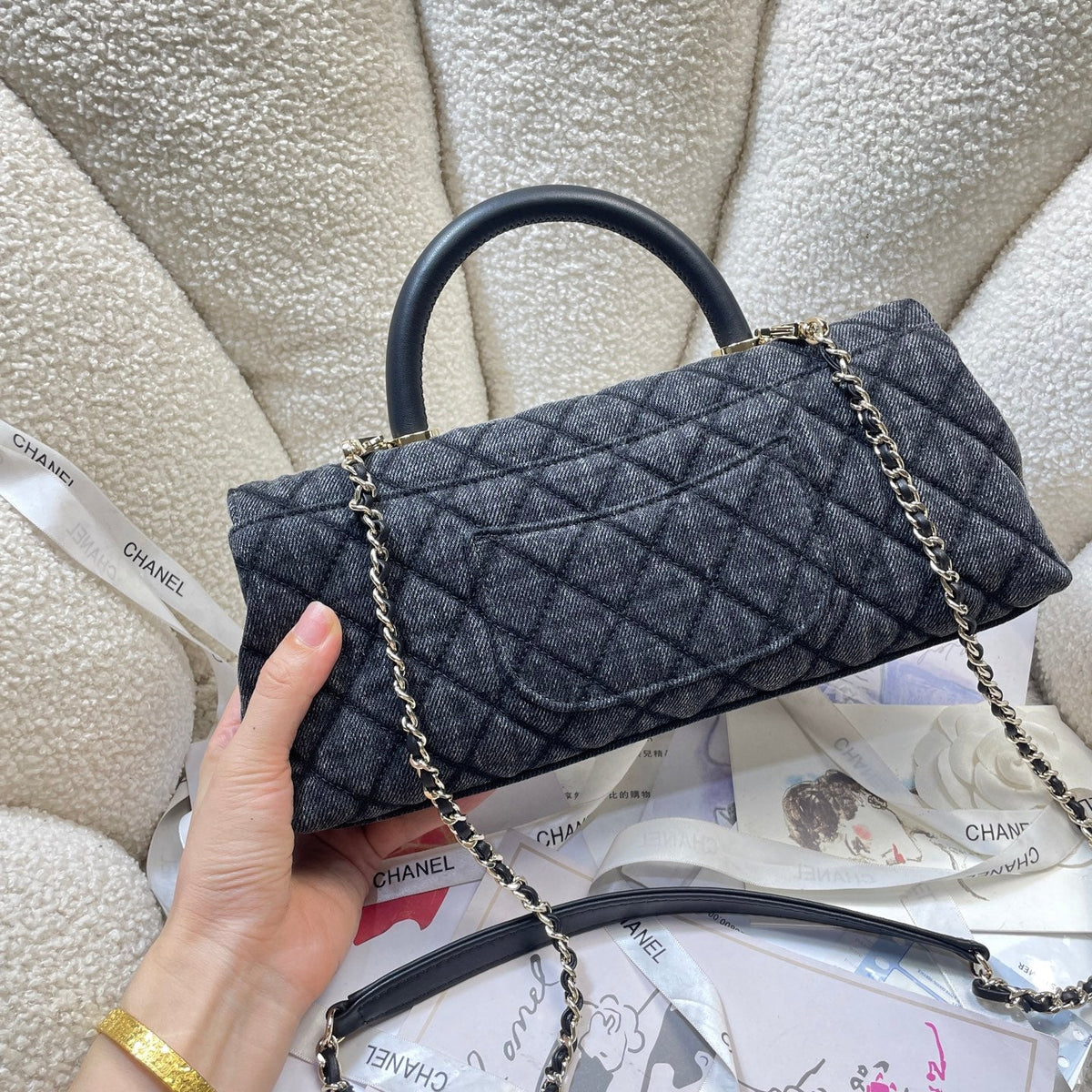 CC Maxi Flap Bag with Top Handle 31.5cm Black Denim