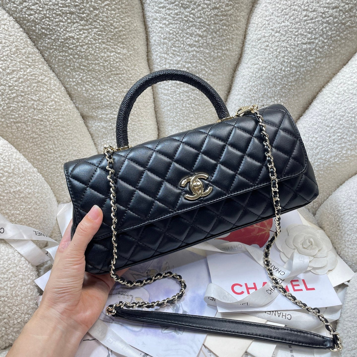 CC Maxi Flap Bag with Top Handle 31.5cm Black Lambskin