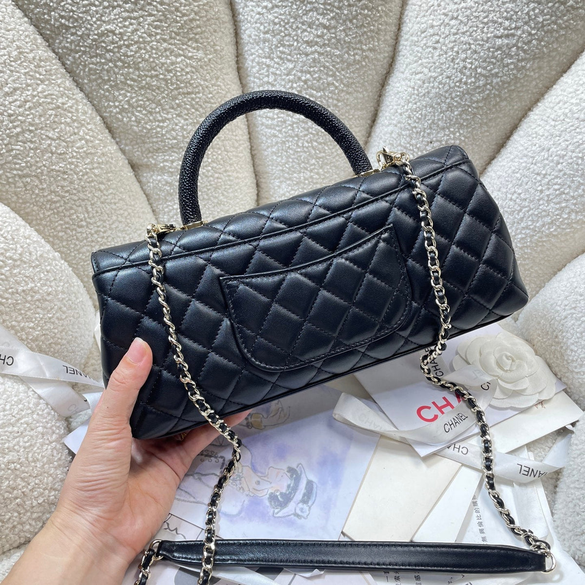 CC Maxi Flap Bag with Top Handle 31.5cm Black Lambskin