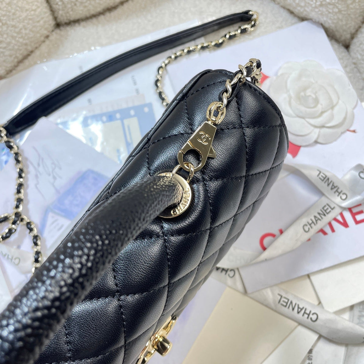 CC Maxi Flap Bag with Top Handle 31.5cm Black Lambskin