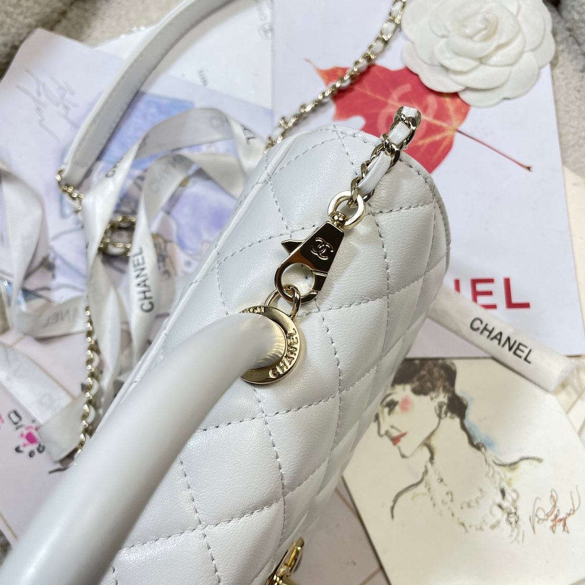 CC Maxi Flap Bag with Top Handle 31.5cm White Lambskin