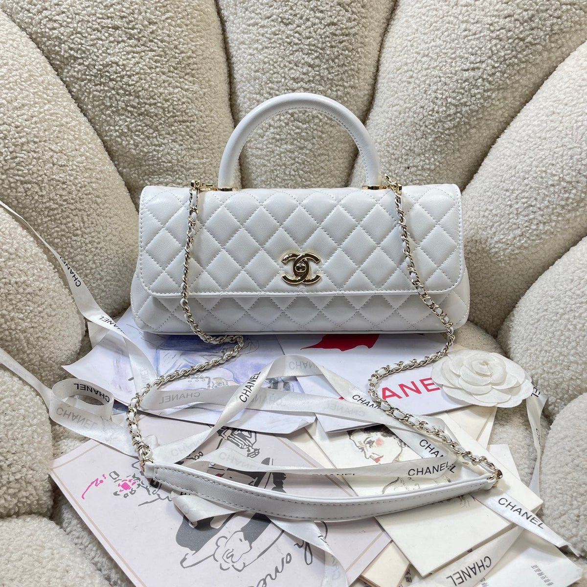 CC Maxi Flap Bag with Top Handle 31.5cm White Lambskin