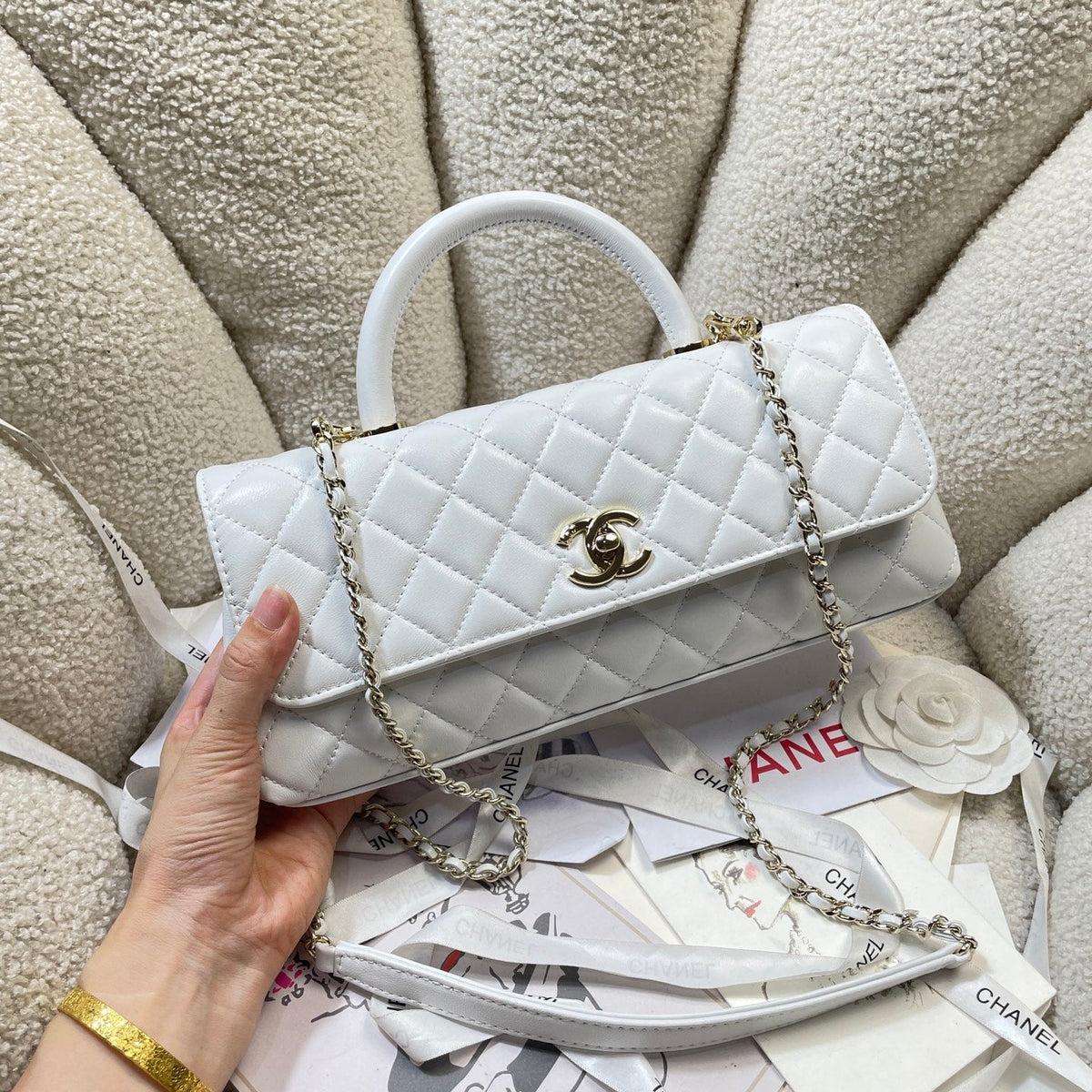 CC Maxi Flap Bag with Top Handle 31.5cm White Lambskin