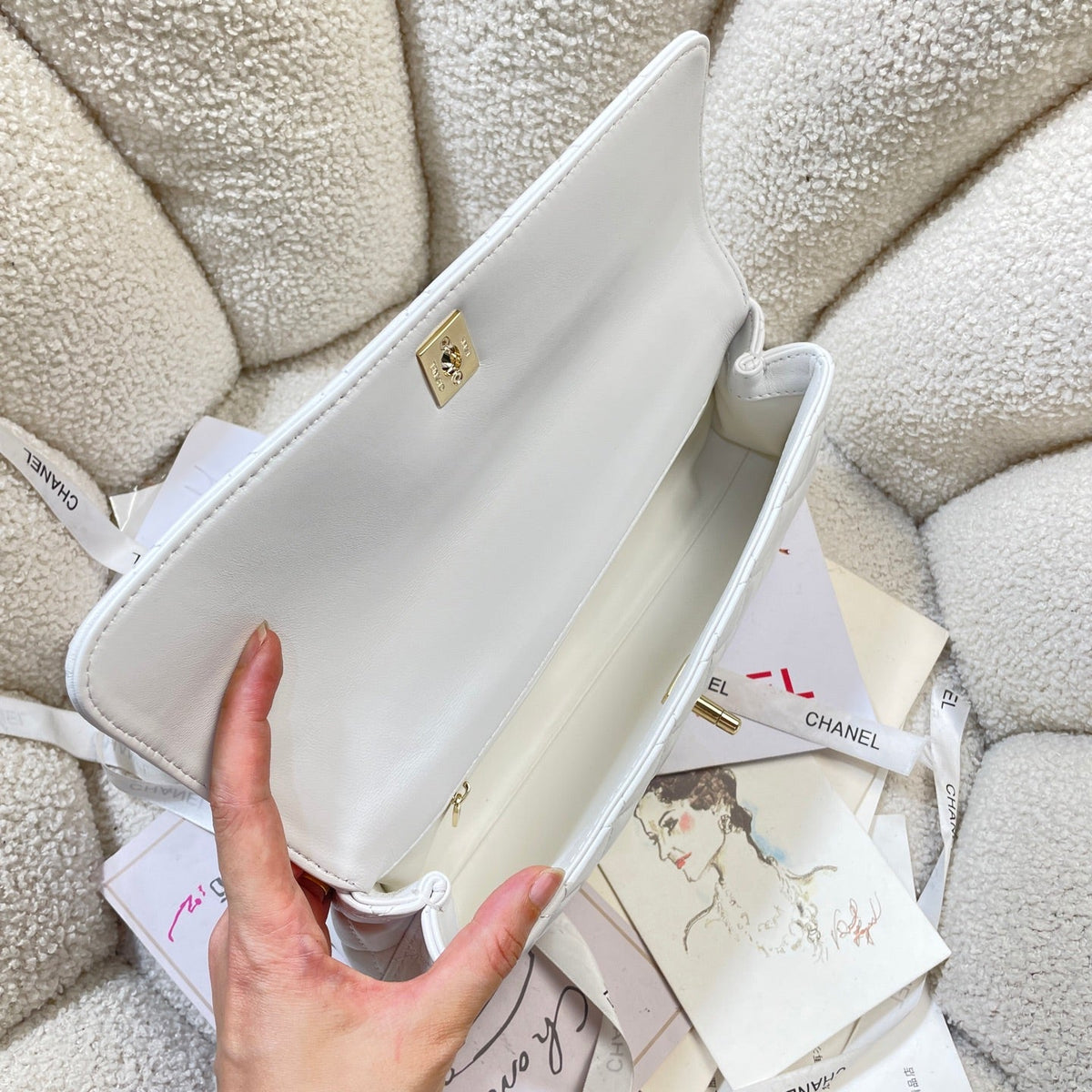 CC Maxi Flap Bag with Top Handle 31.5cm White Lambskin