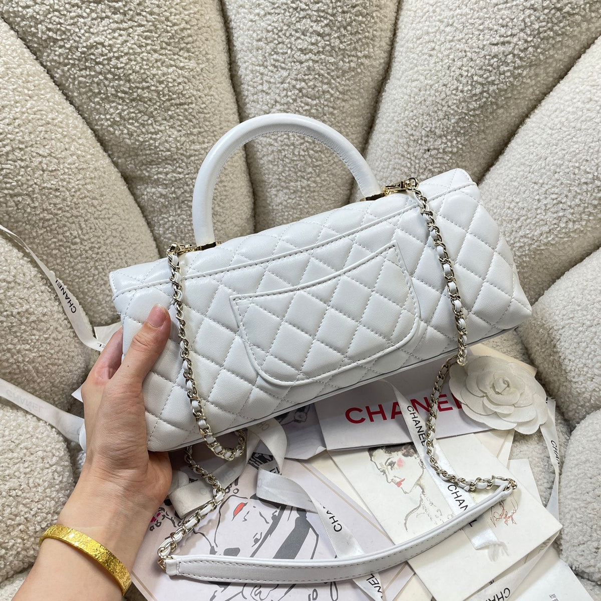 CC Maxi Flap Bag with Top Handle 31.5cm White Lambskin